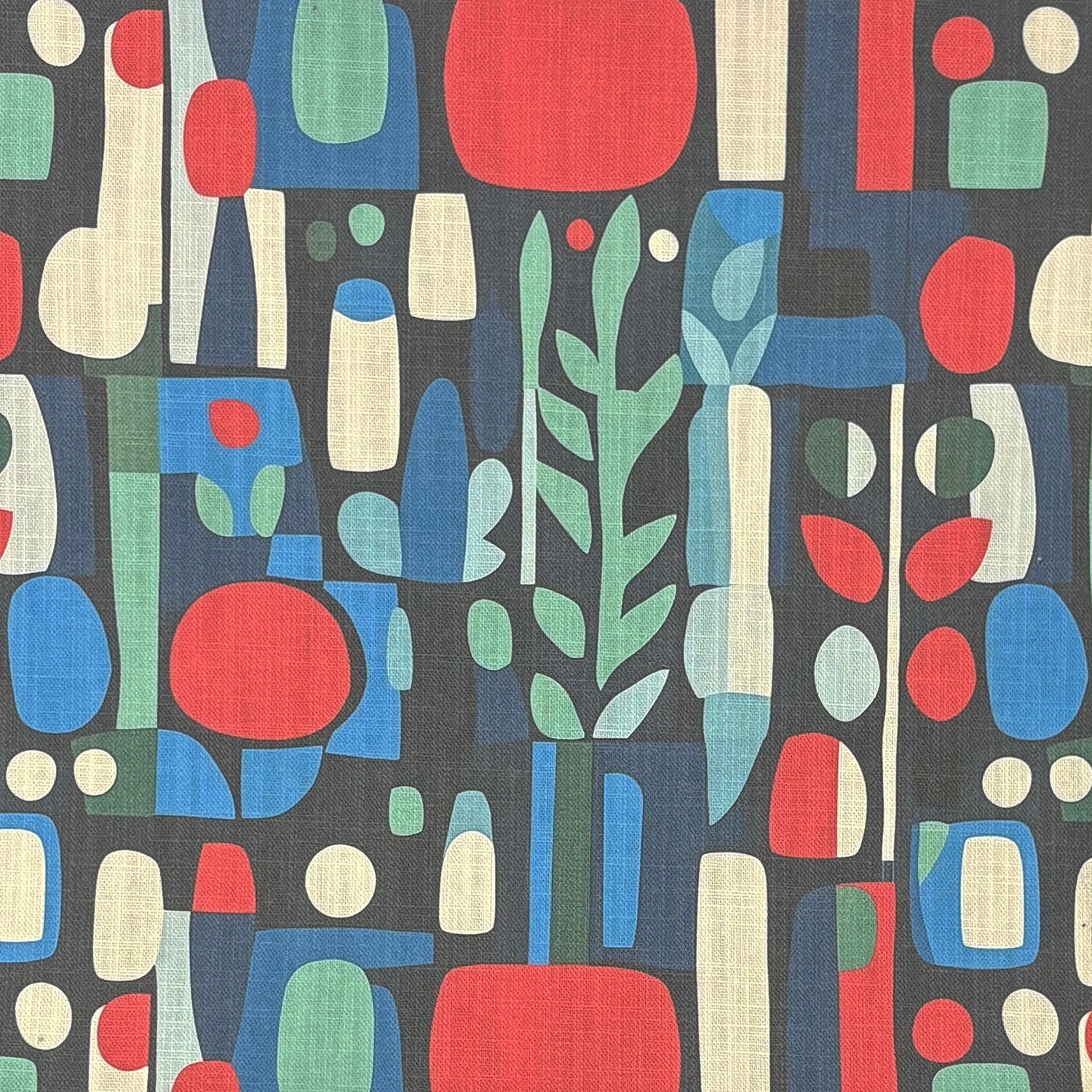 Close-up of Tulpan No.12 pattern – red and blue modern floral upholstery fabric