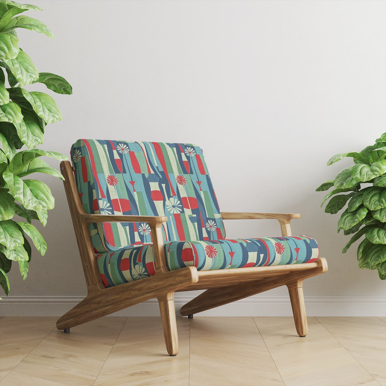 Mid-century style armchair upholstered in Tulpan No.13 floral upholstery fabric