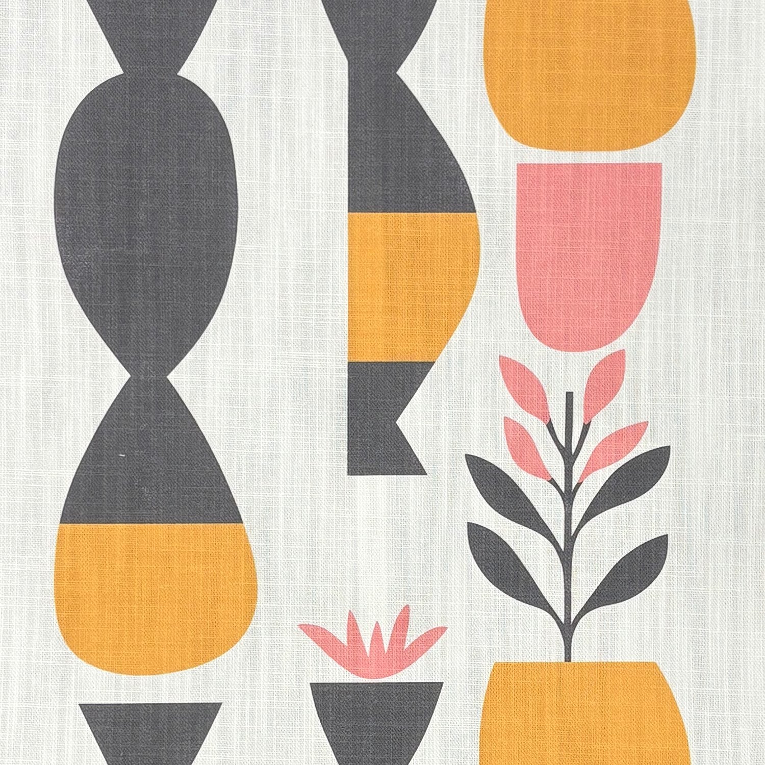 Tulpan No.16 flat lay – stylised pink and mustard floral upholstery fabric close-up