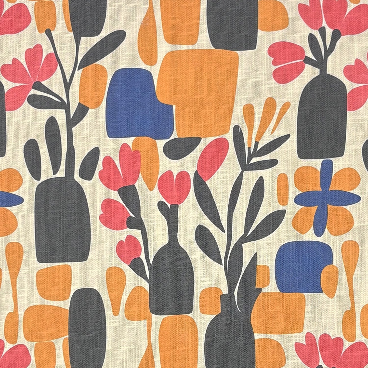 Tulpan No.17 multicoloured upholstery fabric with abstract floral and vase motifs on off-white background