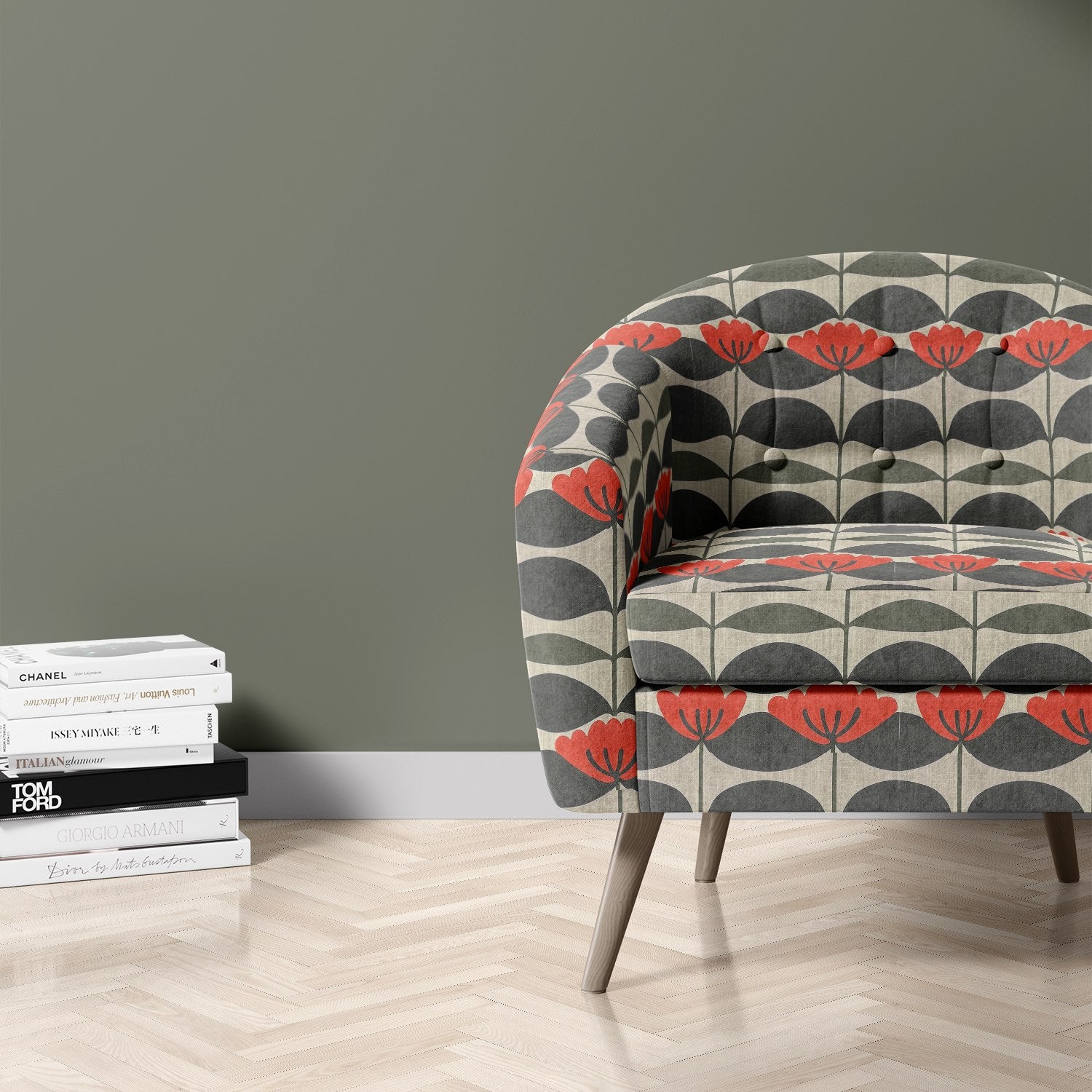 Tulpan No.2 red and charcoal upholstery fabric styled on mid-century armchair