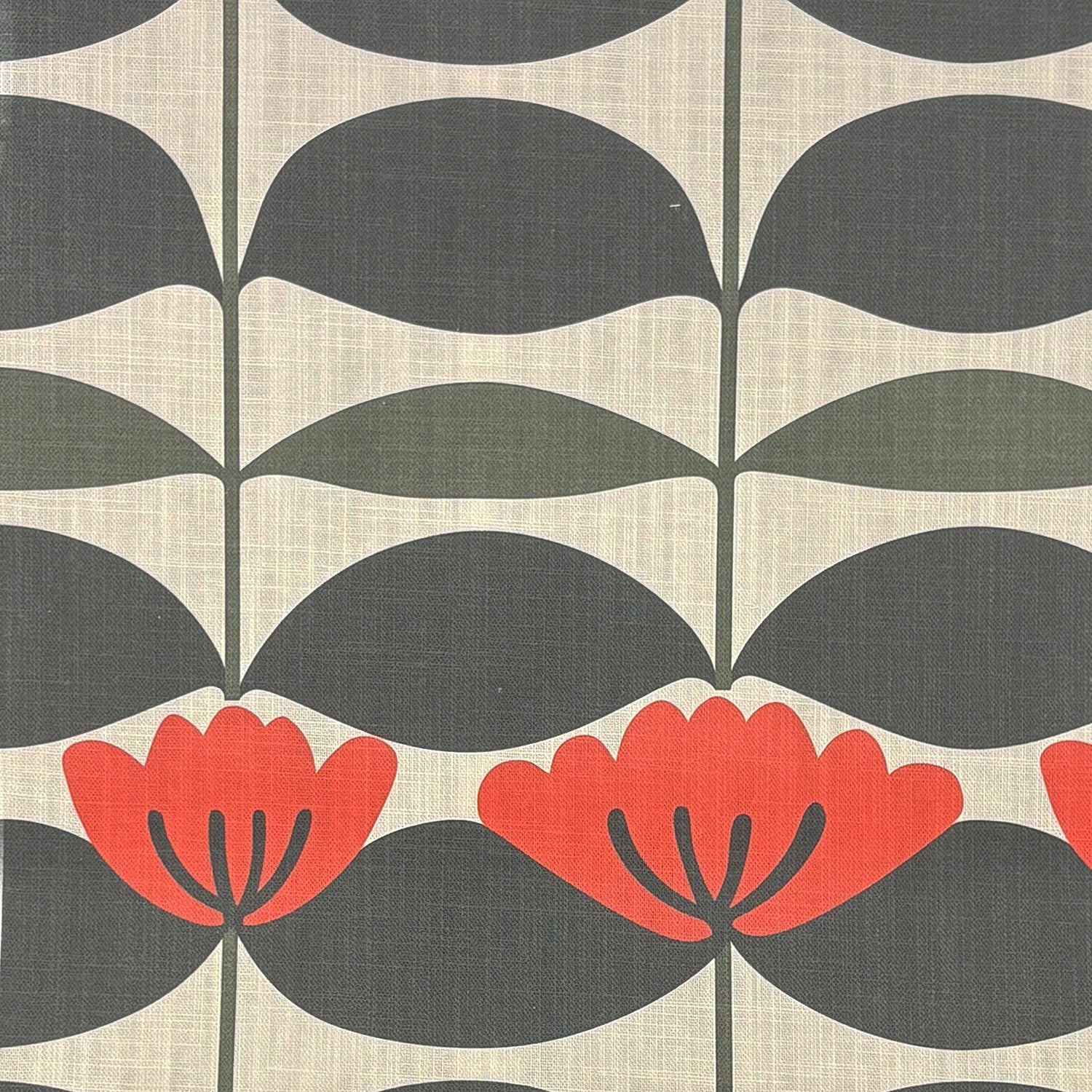 Tulpan No.2 retro floral print in charcoal and poppy red – upholstery fabric flat swatch