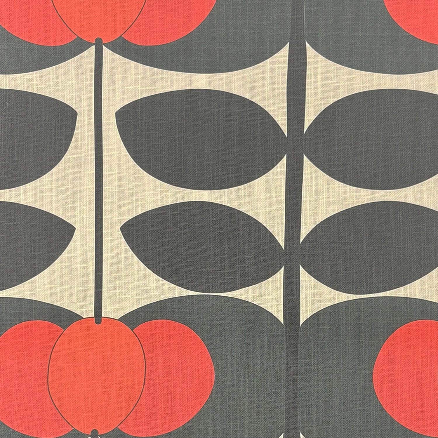 Flat lay of Tulpan No.3 floral linen blend upholstery fabric in red, charcoal and olive – upholstery fabric