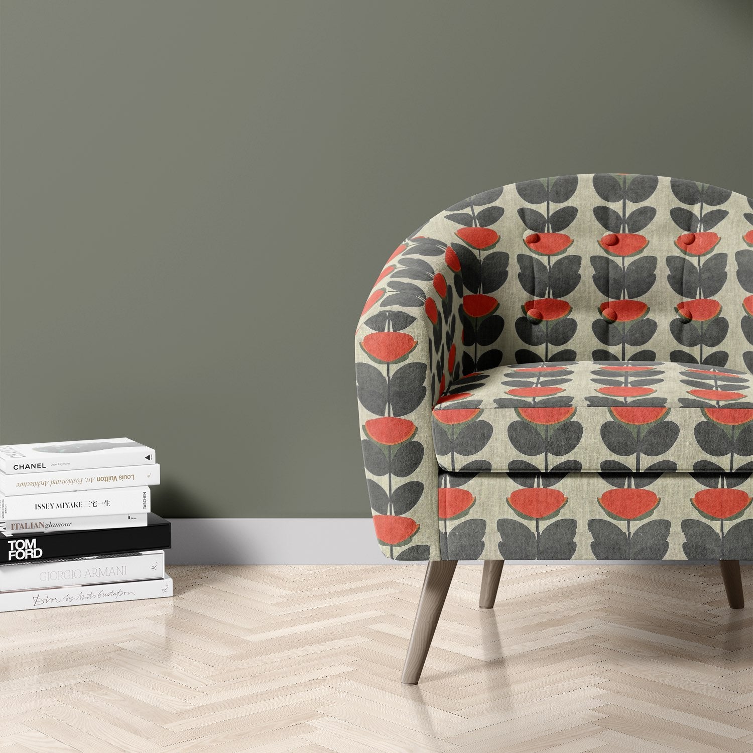 Accent chair upholstered in Tulpan Upholstery Fabric No.4 in retro red and charcoal – upholstery fabric