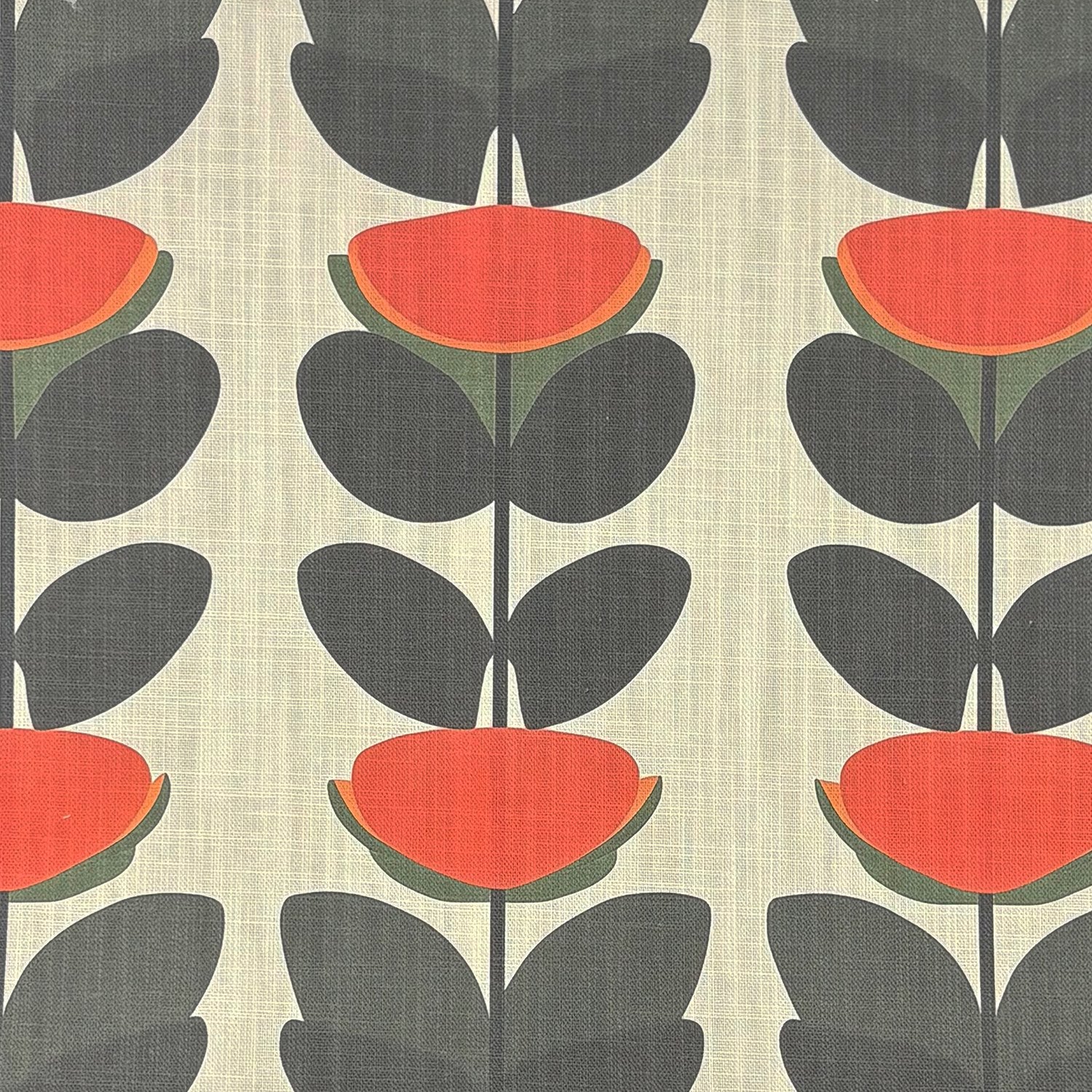 Flat lay of Tulpan Upholstery Fabric No.4 showing bold red tulip pattern – upholstery fabric