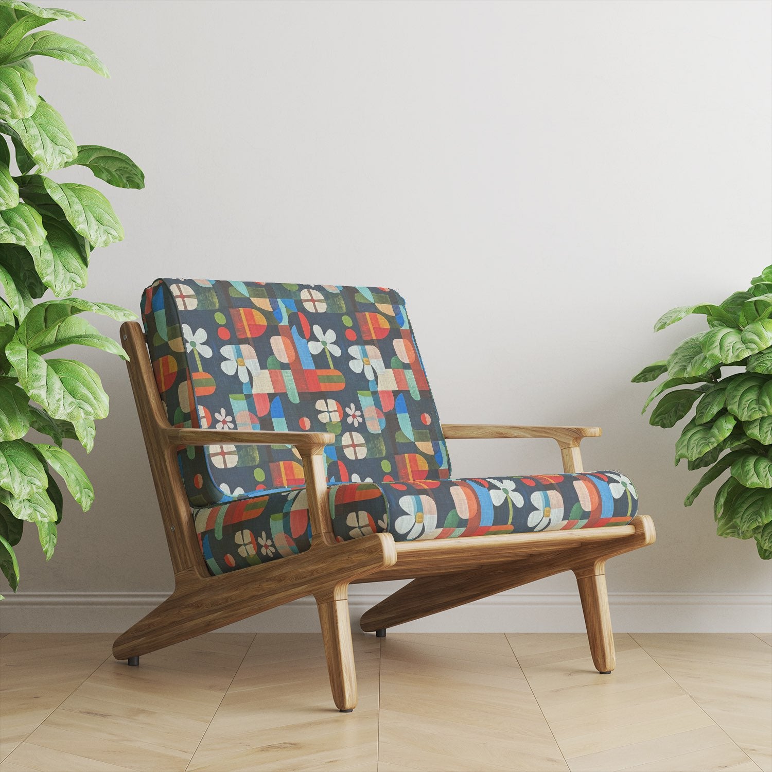 Tulpan No.5 Chair – modernist floral print navy upholstery fabric styled on wooden armchair