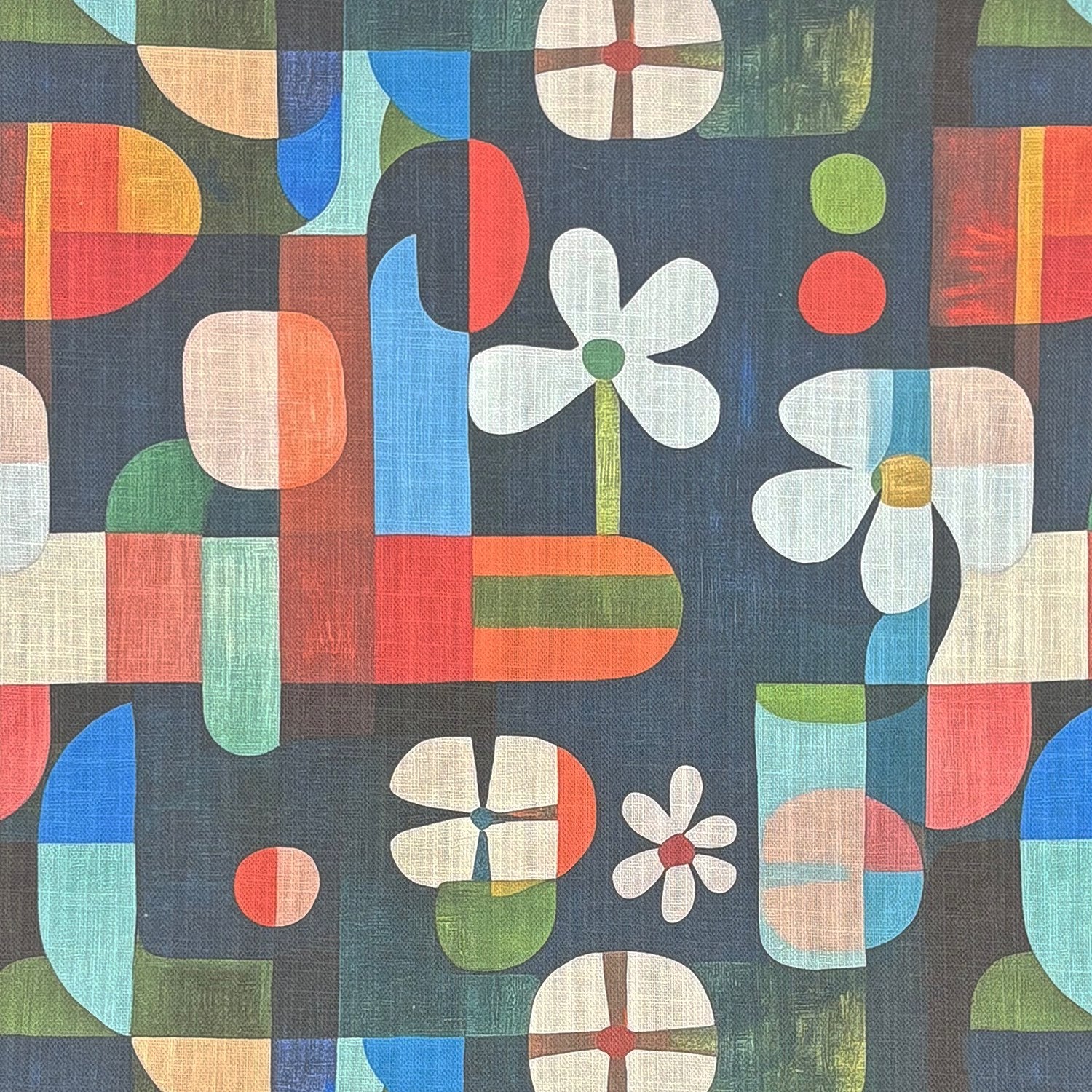 Tulpan No.5 Flat – multicoloured floral and abstract print on navy upholstery fabric