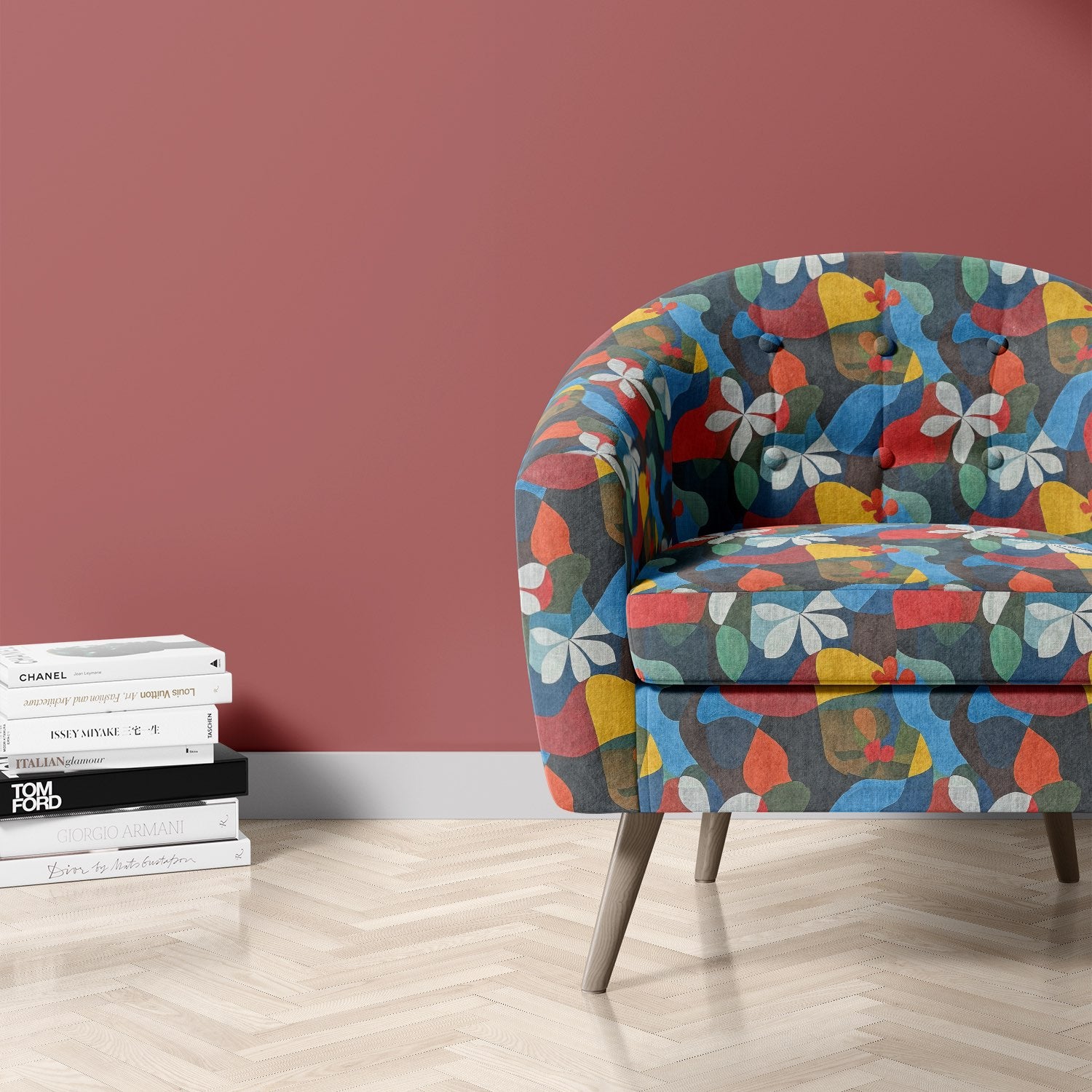 Tulpan No.6 floral upholstery fabric on curved mid-century armchair in modern interior