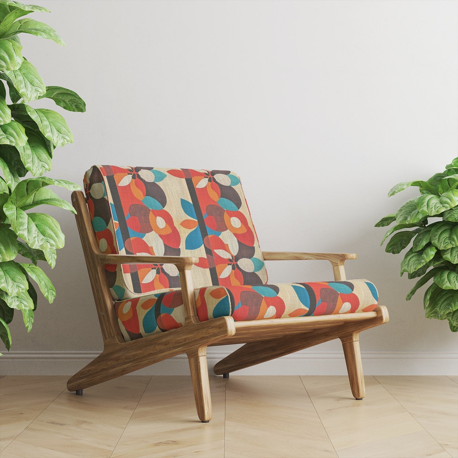 Tulpan No.7 floral upholstery fabric on a retro wooden armchair