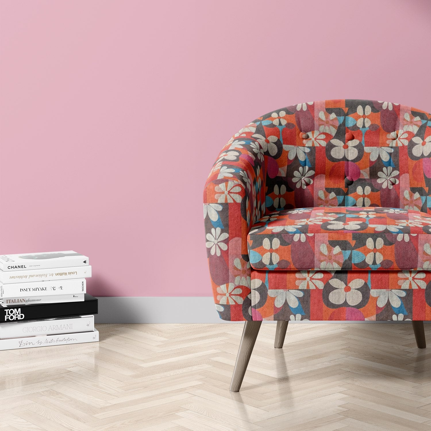 Chair upholstered in Tulpan No.8 floral upholstery fabric with mid-century curved shape