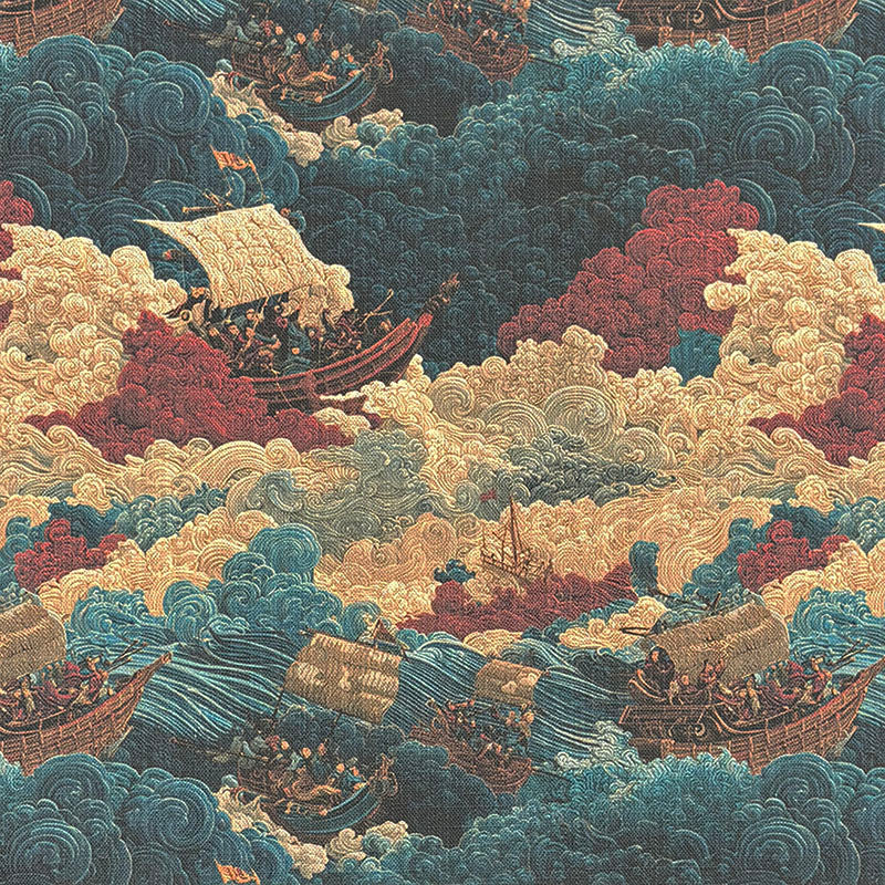 Japanese style upholstery fabric featuring traditional sailing ships, rolling ocean waves, swirling clouds and decorative blue maritime artwork