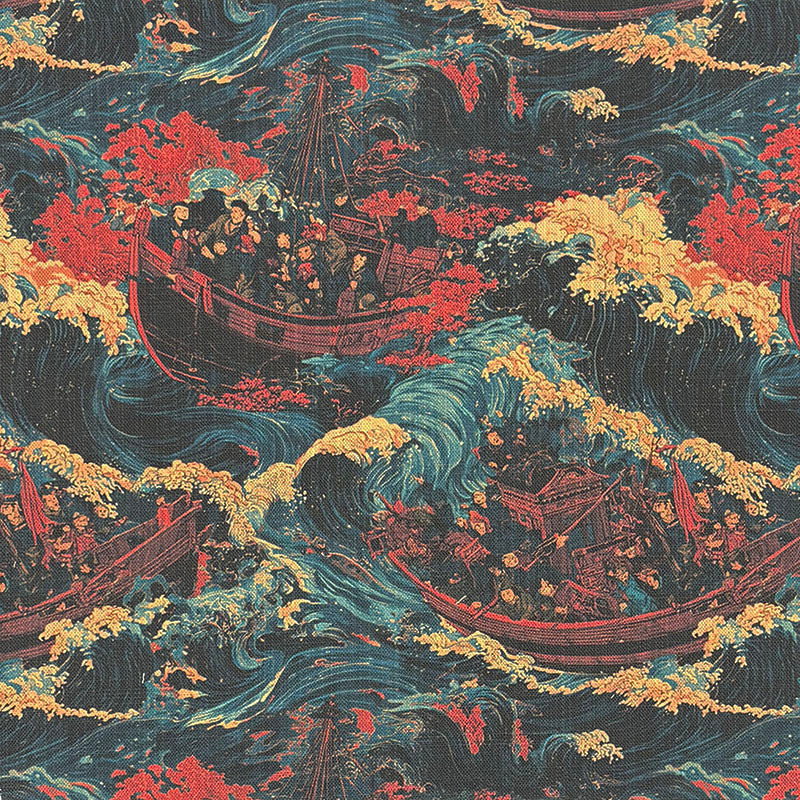 Japanese style upholstery fabric featuring traditional sailing vessels, dramatic ocean waves and decorative maritime artwork in navy blue, red and gold tones