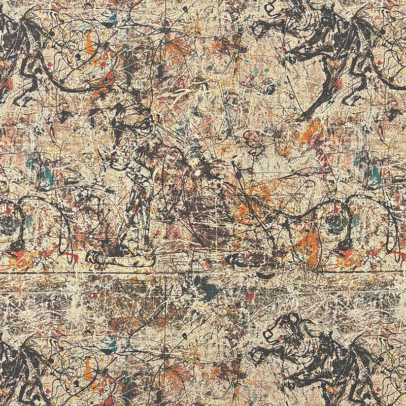 Statement upholstery fabric in beige with abstract paint splatter and bold sketch-style figures in charcoal and rust tones