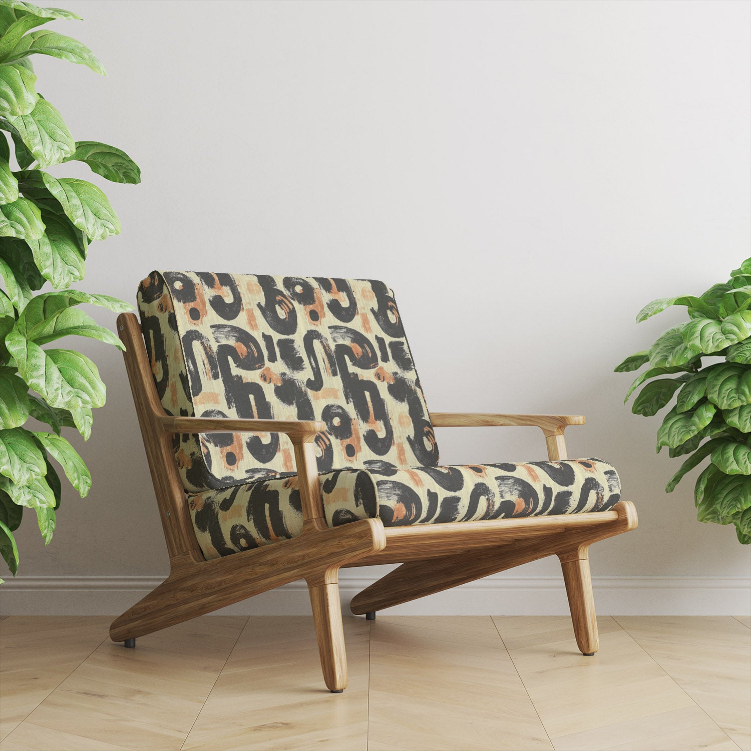 Statement upholstery fabric armchair featuring abstract black and terracotta brushstroke pattern in a modern interior setting