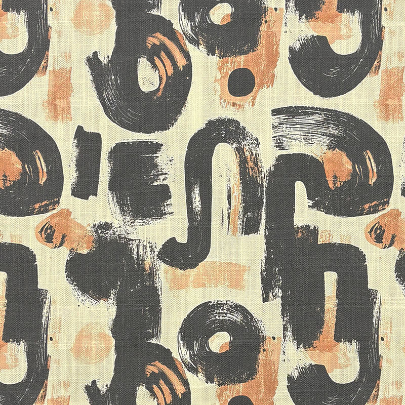 Statement upholstery fabric with abstract black brushstroke pattern and terracotta accents on a natural linen background