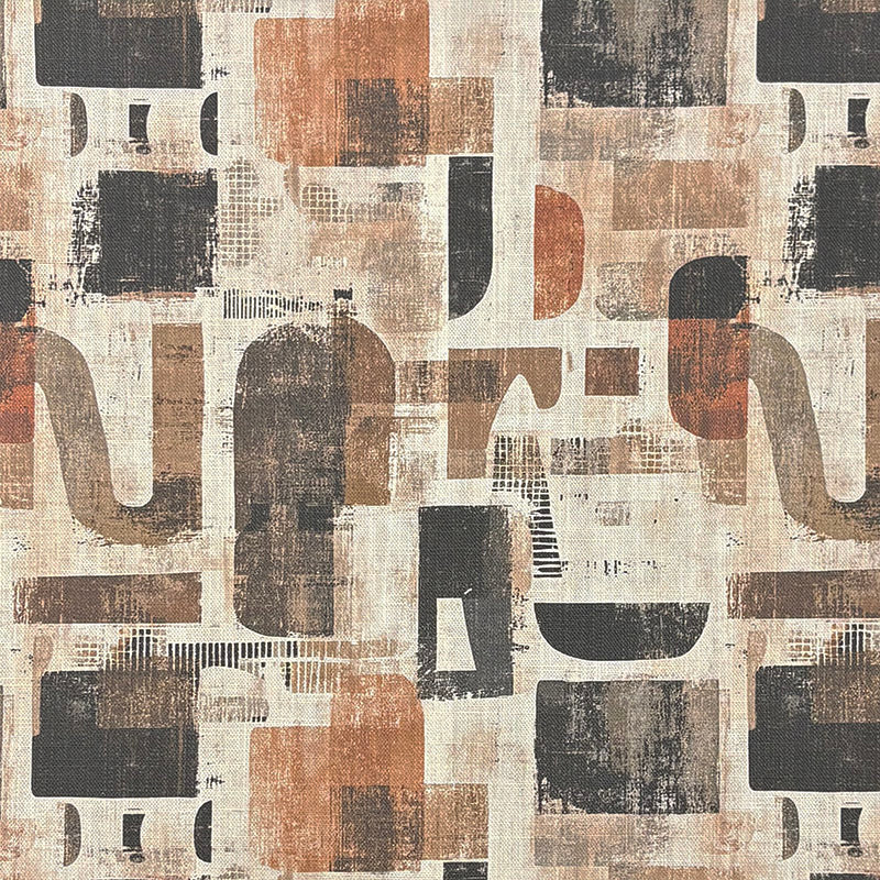 Statement upholstery fabric with abstract geometric brushstroke pattern in brown, terracotta and taupe tones on a natural linen background