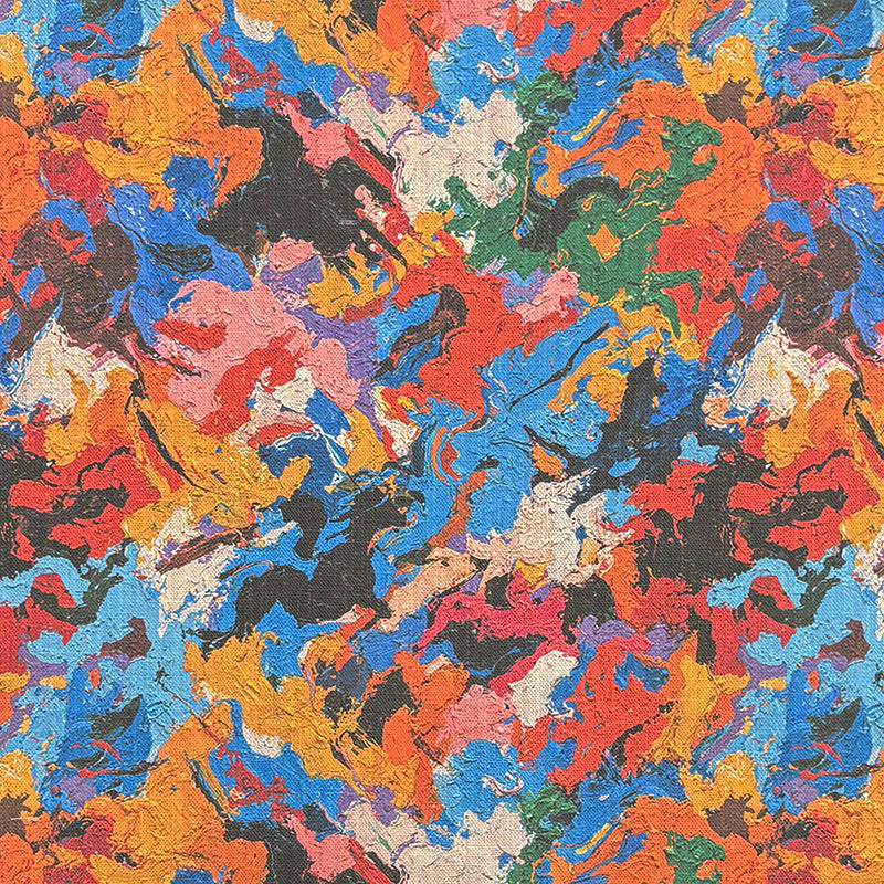 Statement upholstery fabric with multicoloured abstract paintstroke pattern in blue, orange, red and green tones on a linen background