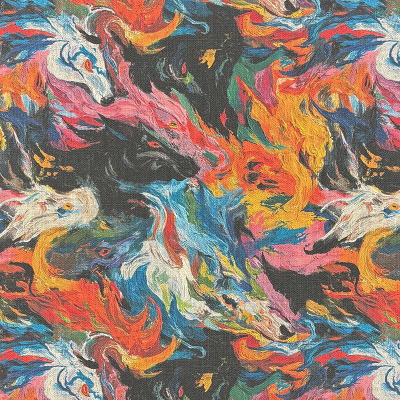 Statement upholstery fabric with swirling multicoloured abstract paintstroke pattern in blue, orange, red and black tones on a textured base