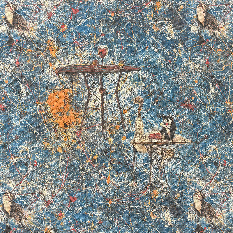 Statement upholstery fabric with blue abstract paint splatter pattern featuring birds and table motifs in orange, cream and red tones