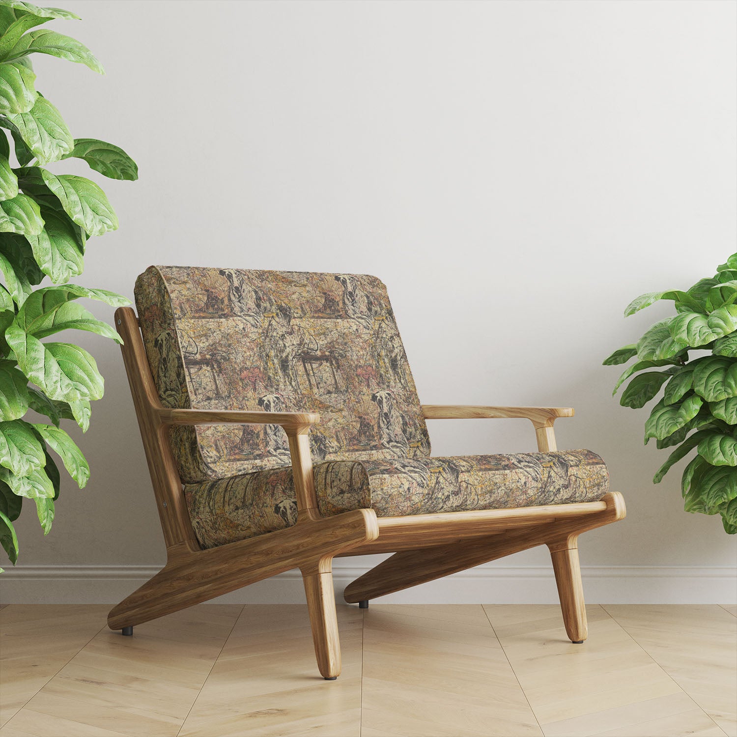 Statement upholstery fabric armchair in warm beige abstract design with layered paint splatter and subtle figurative elements