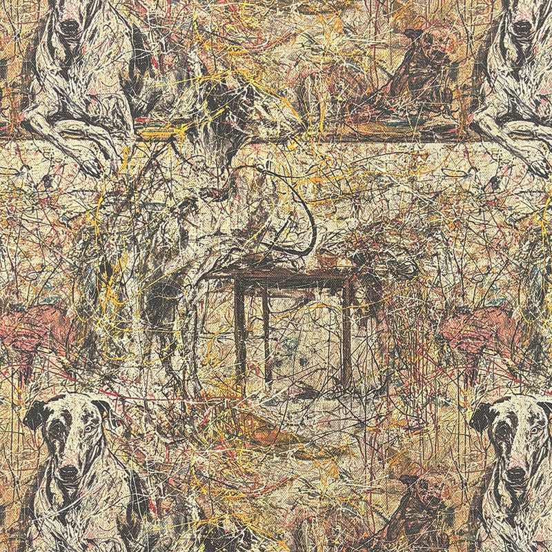 Statement upholstery fabric in beige with abstract paint splatter pattern featuring seated figures and interior scene details in ochre and charcoal tones