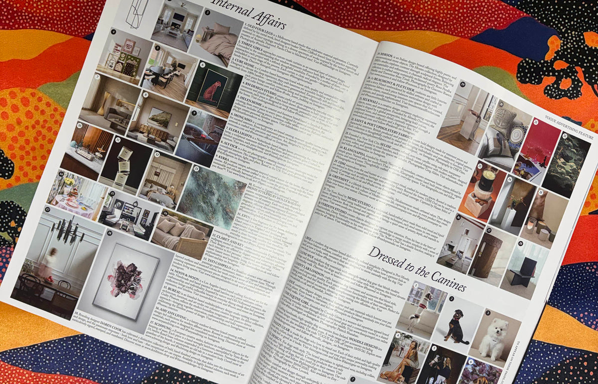 Saint and Poet upholstery fabric featured in British Vogue Interiors showing Japanese-inspired landscape design in green tones
