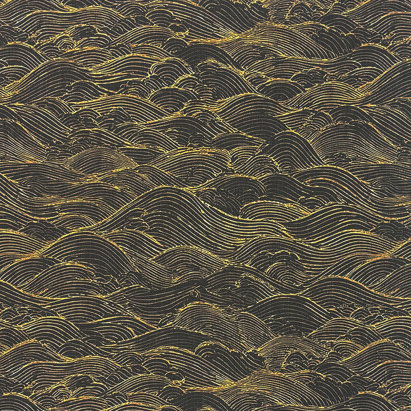 Waves No.10 luxury black and gold wave curtain fabric flat image with layered coastal pattern