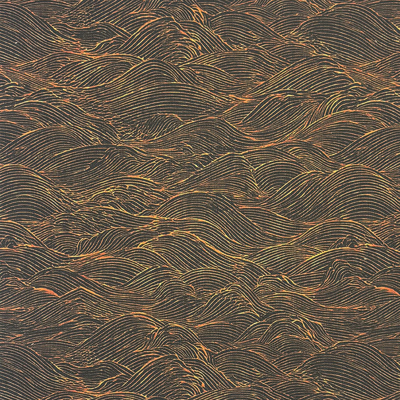 Waves No.11 dark black and gold wave curtain fabric flat image with fluid coastal line detail