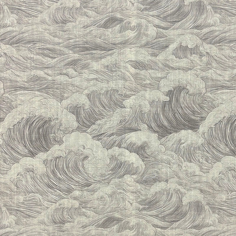 Waves No.1 grey coastal wave curtain fabric flat image with soft flowing printed lines on linen cotton cloth