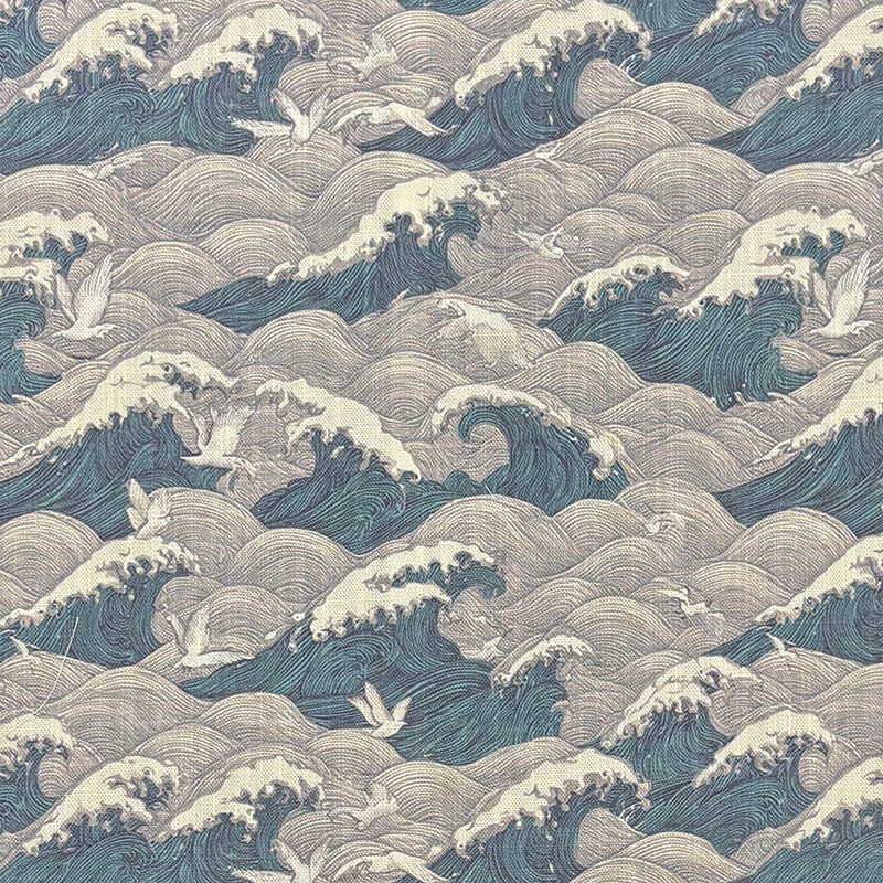 Waves No.3 blue and grey coastal wave curtain fabric flat image with layered ocean movement