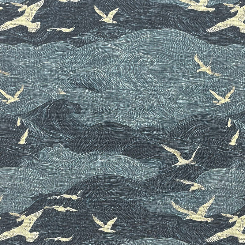 Waves No.4 blue seabird and wave curtain fabric flat image on linen cotton base cloth