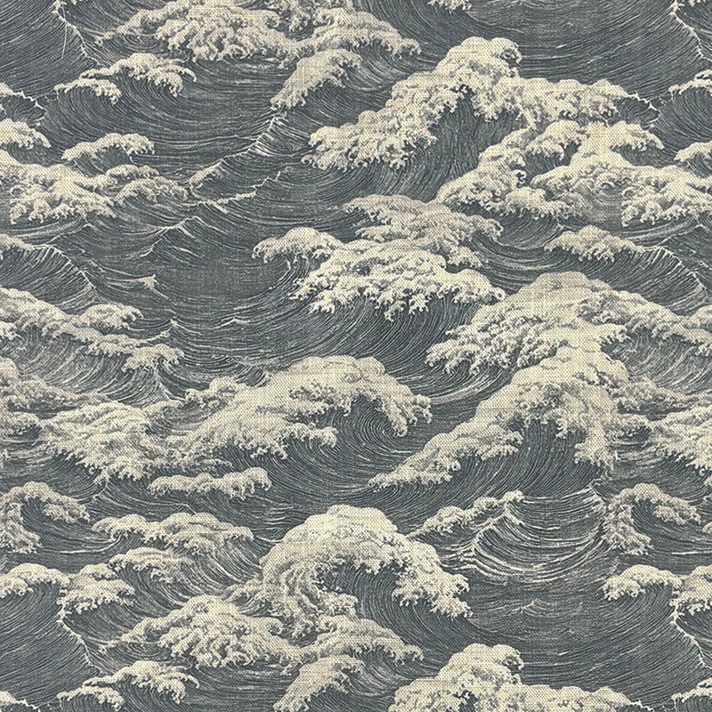 Waves No.6 grey etched wave curtain fabric flat image with fine coastal linework