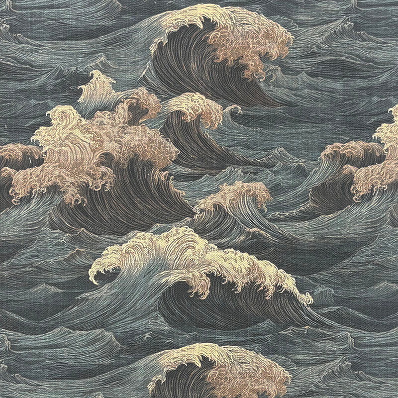 Waves No.7 blue statement wave curtain fabric flat image with bold coastal ocean pattern