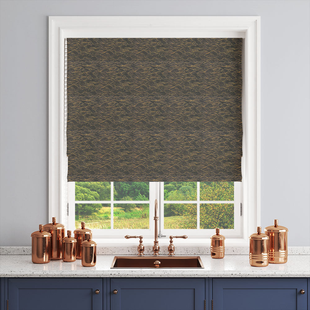 Waves No.10 black and gold coastal curtain fabric shown as a blind for a dramatic interior