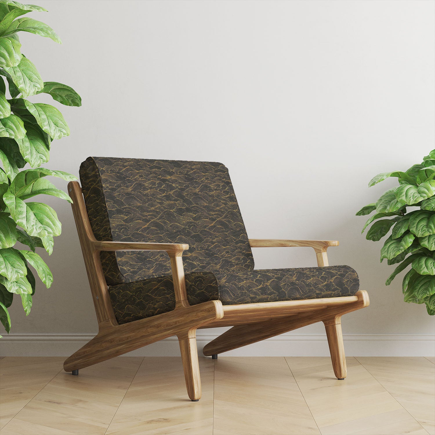 Black and gold wave upholstery fabric armchair showcasing detailed flowing pattern in a modern interior setting