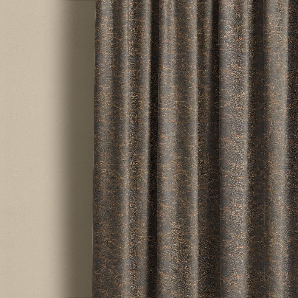 Waves No.11 dark coastal wave curtain fabric styled as curtains with warm gold movement