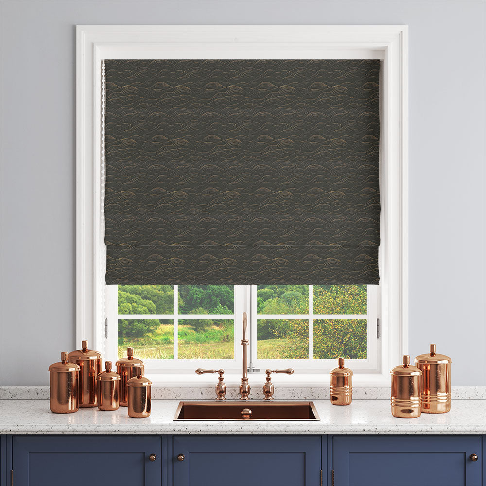 Waves No.12 black and gold coastal curtain fabric shown as a blind in a refined neutral interior
