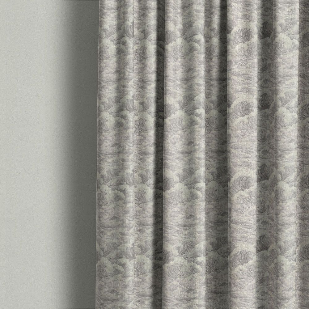 Waves No.1 curtain fabric styled as full length curtains with a calm grey coastal wave print