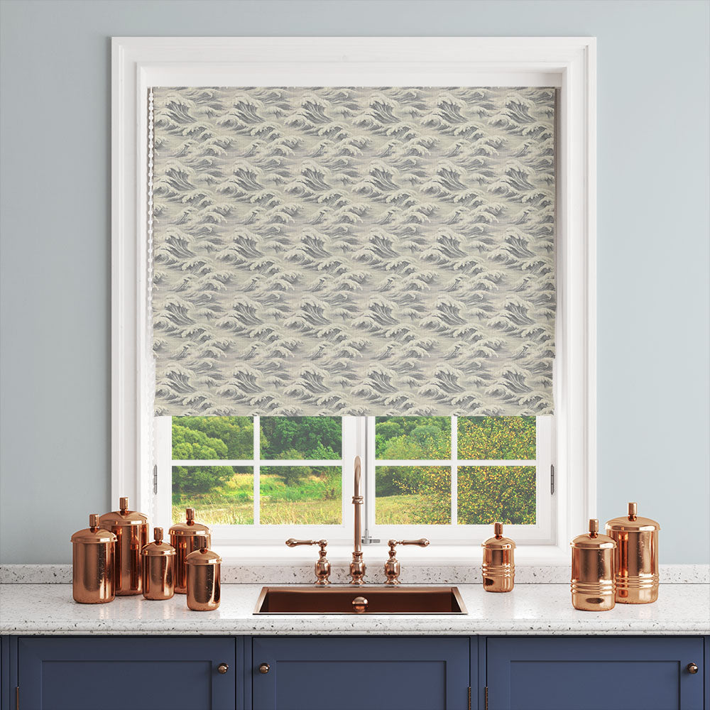 Waves No.2 grey coastal curtain fabric shown as a blind in a light neutral interior