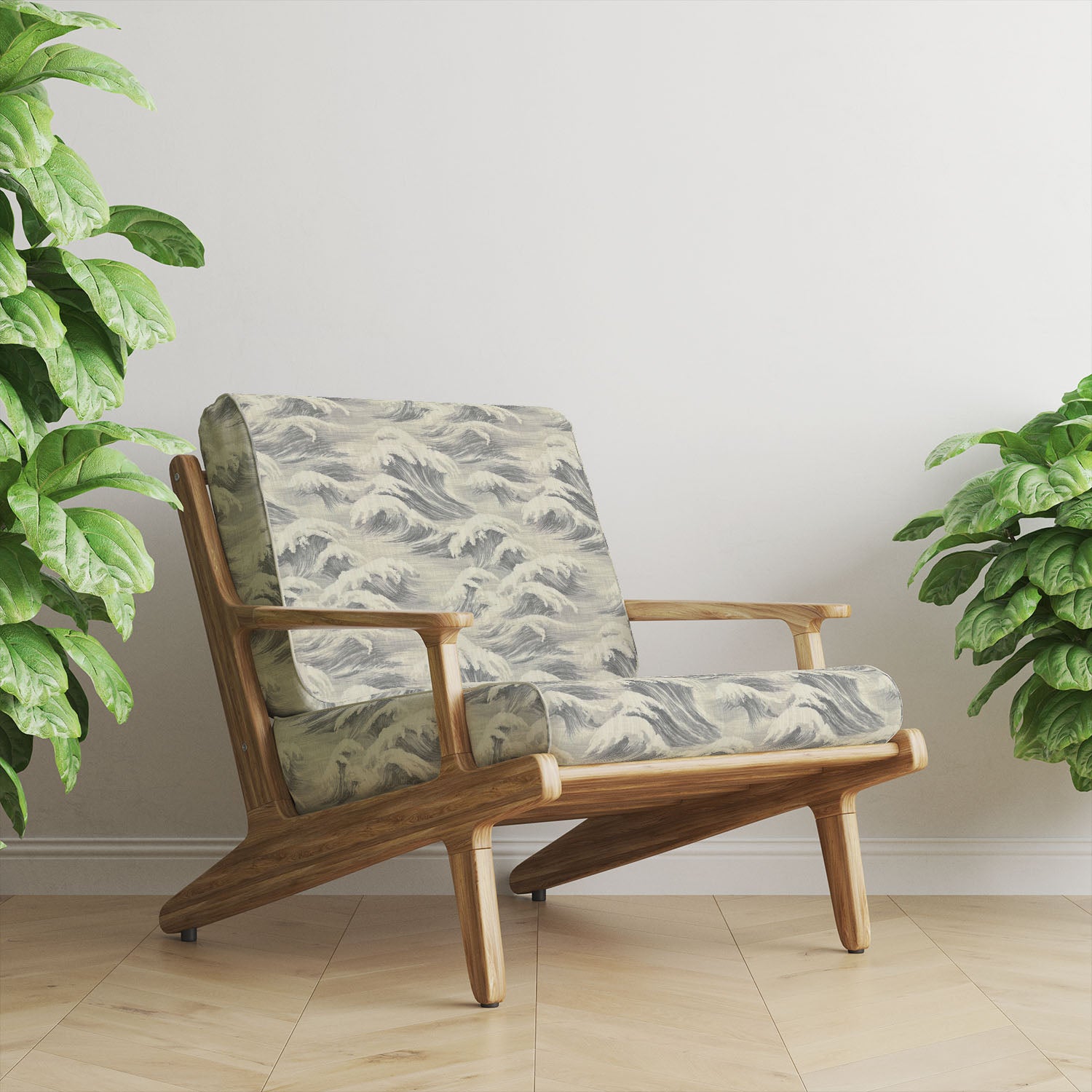 Waves No.2 upholstery fabric on lounge chair featuring subtle flowing wave design in calm grey shades