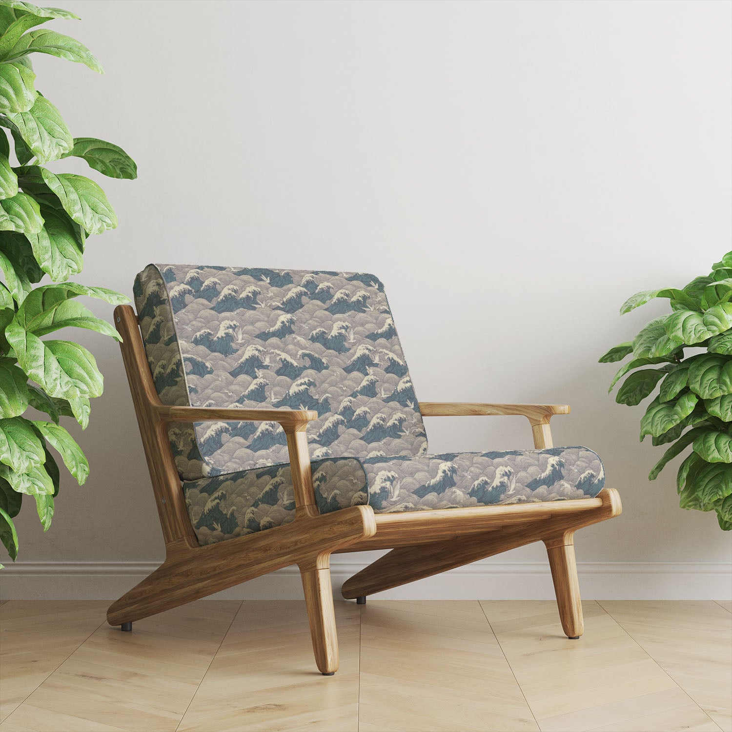 Waves No.3 upholstery fabric on armchair with intricate flowing wave design in blue and stone colours
