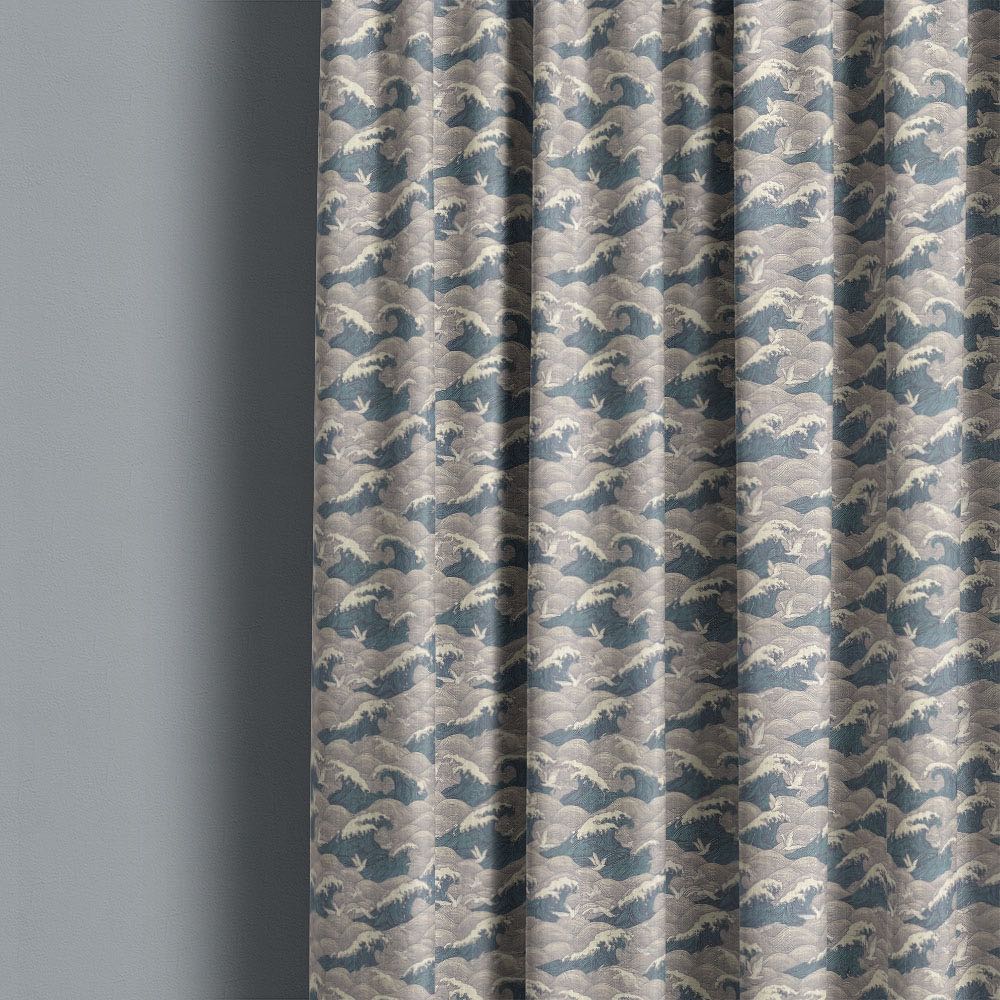 Waves No.3 blue wave curtain fabric styled as curtains with a dramatic coastal pattern