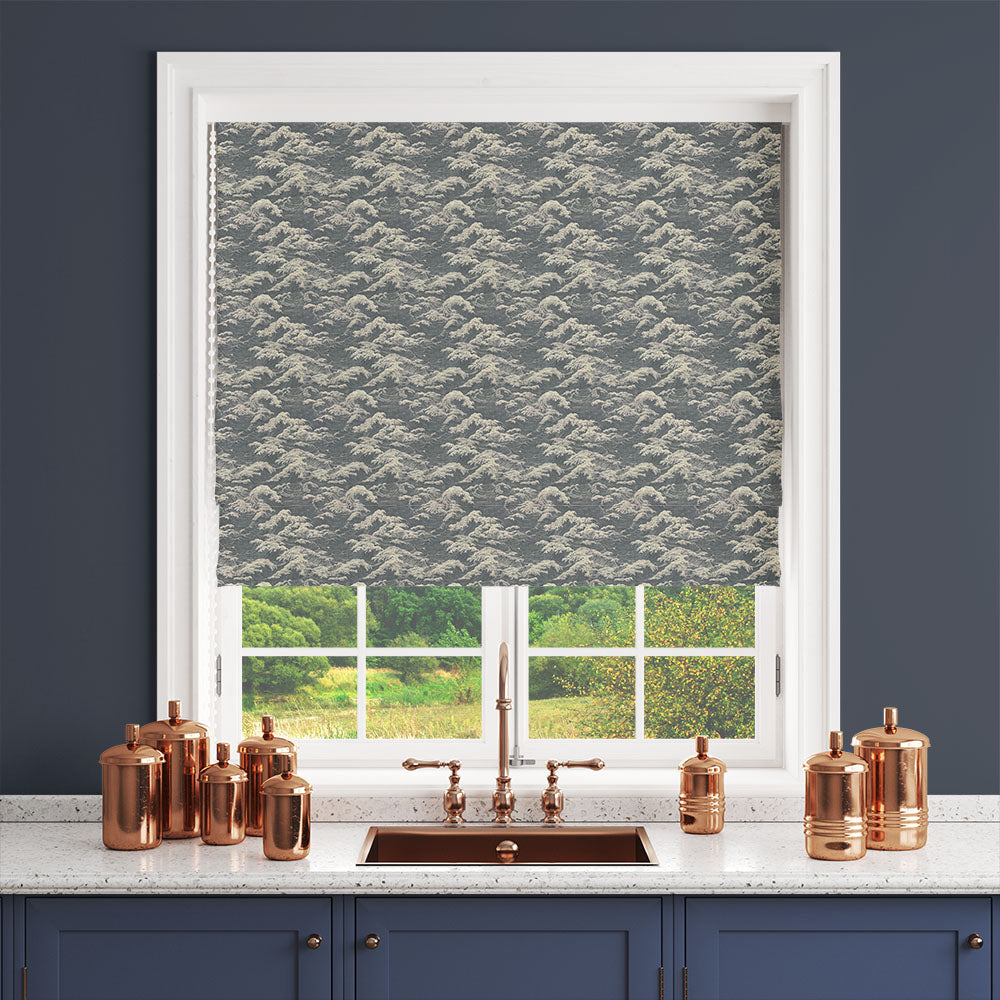 Waves No.6 grey coastal curtain fabric shown as a blind with a refined etched wave design