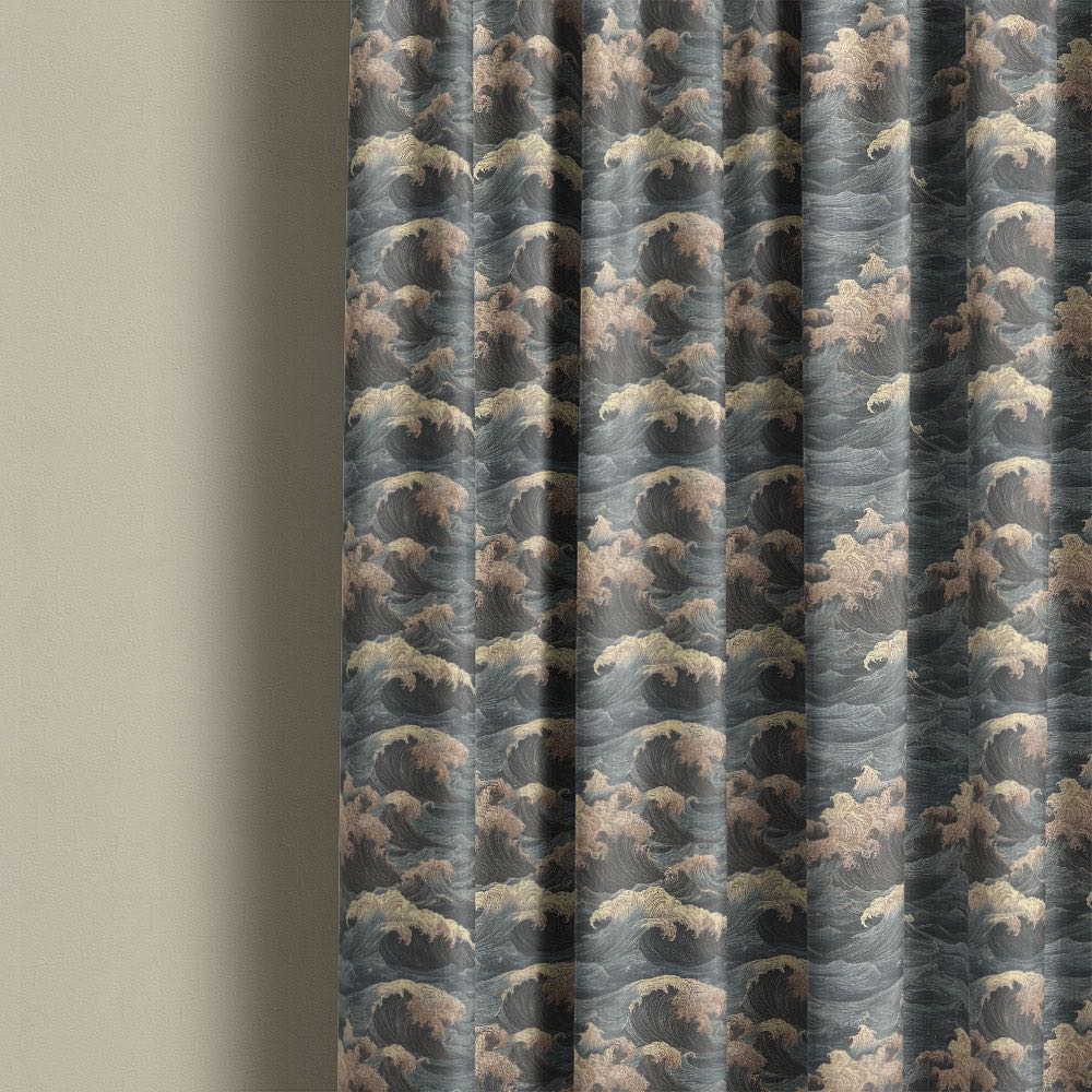 Waves No.7 blue coastal wave curtain fabric styled as curtains with strong flowing movement