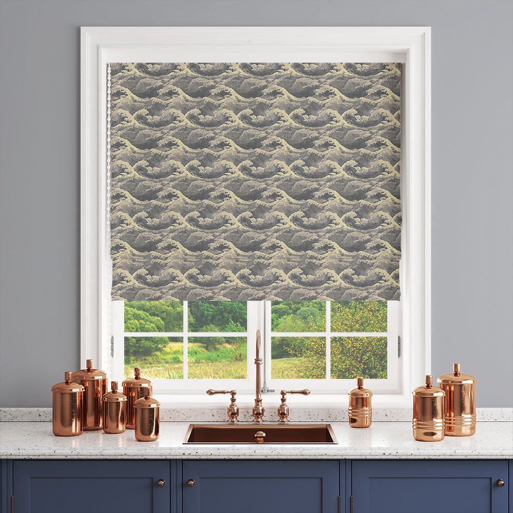 Waves No.8 grey coastal curtain fabric shown as a blind in a calm neutral room scheme