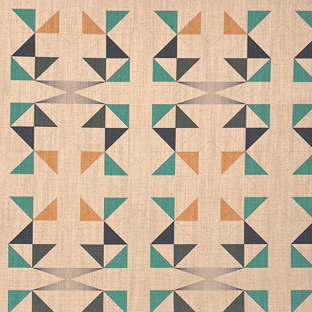 Flat lay of Weimar No.8 beige geometric upholstery fabric with triangles