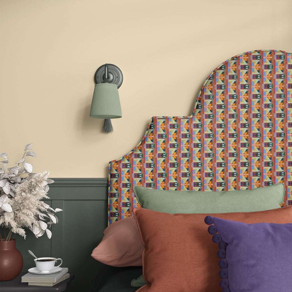Headboard upholstered in Weimar No.11 multicoloured Crib5 velvet fabric with modernist pattern