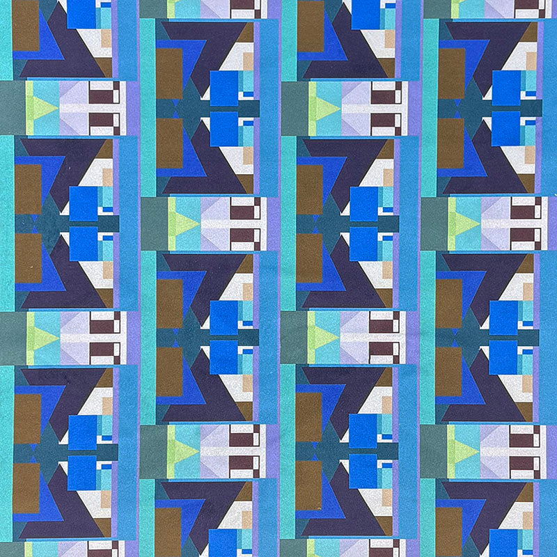 Weimar No.14 Crib5 velvet flat swatch with blue teal and navy geometric design