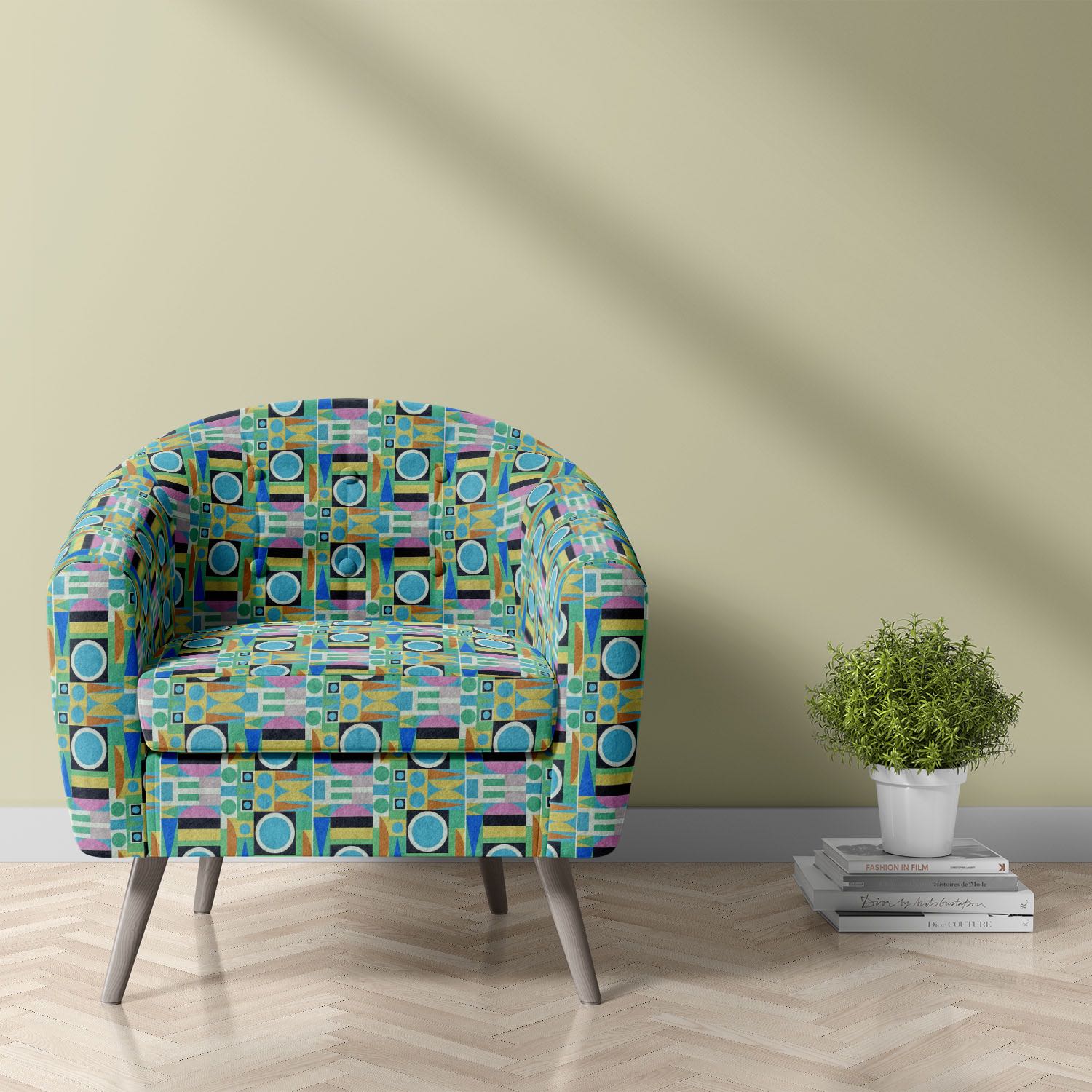 Chair upholstered in Weimar No.15 multicoloured Crib5 velvet fabric with green and blue geometric pattern