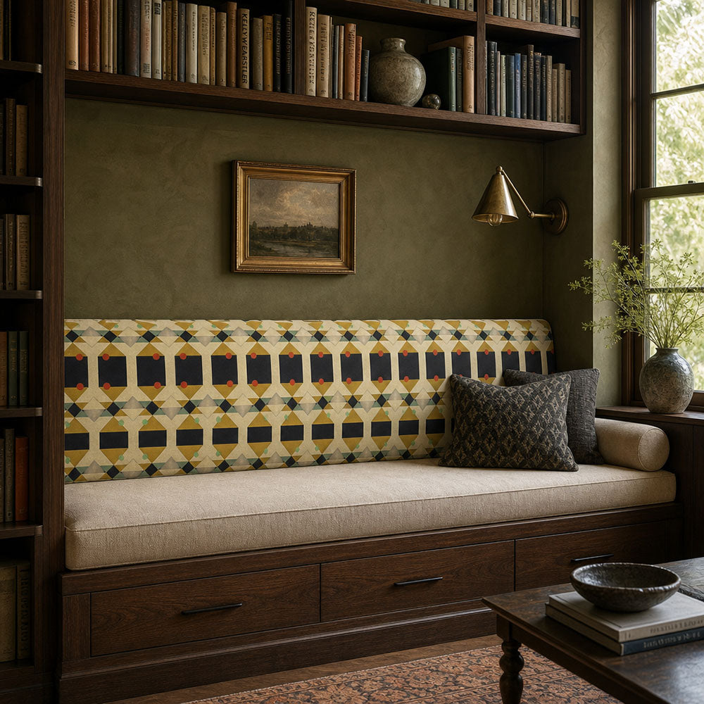 Bench upholstered in Weimar No.1 Crib5 velvet fabric with neutral Bauhaus pattern